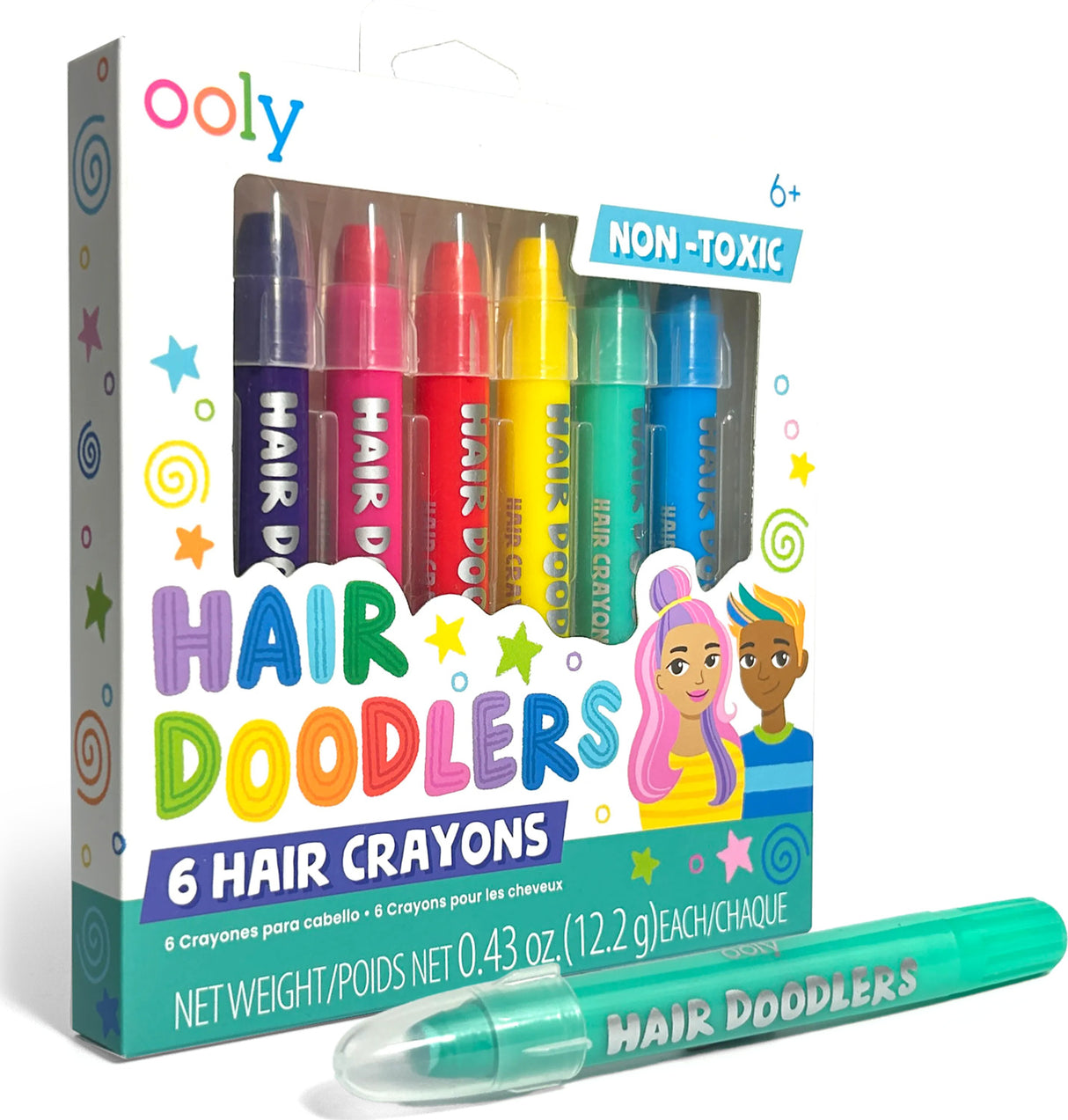 Packaging of Ooly Hair Doodlers hair crayons with colorful crayons inside.