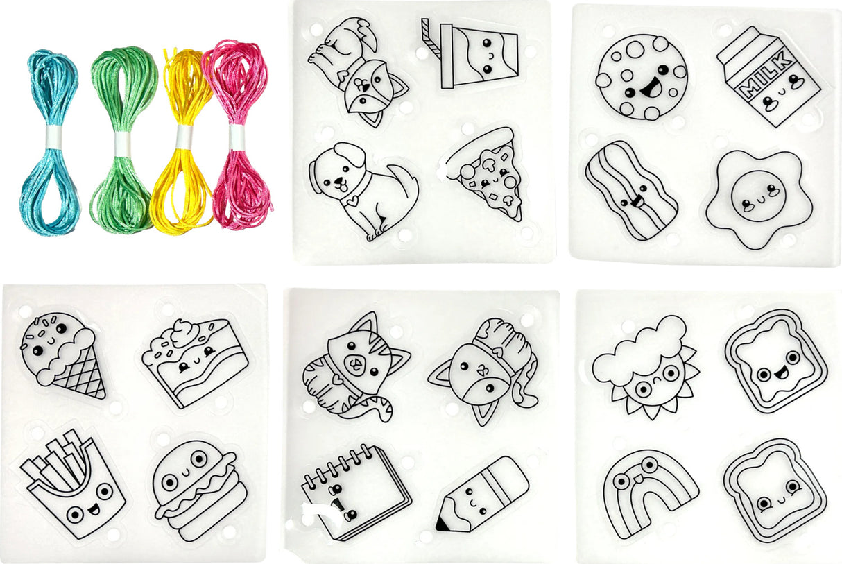 Colorful elastic bands and black and white drawings of various items included in the Shrink-its! DIY Shrink Art Bracelet Kit - BFF on a white background