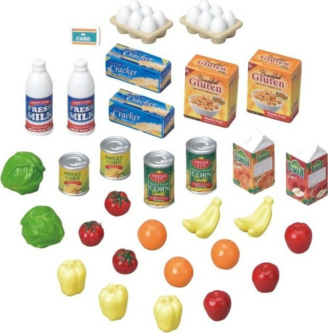 Collection of toy food items that are in the Grocery Market including vegetables, fruits, and packaged goods on a white background