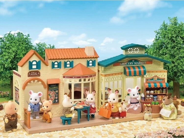 Toy Grocery Market set with various animal characters in front of a grocery market.