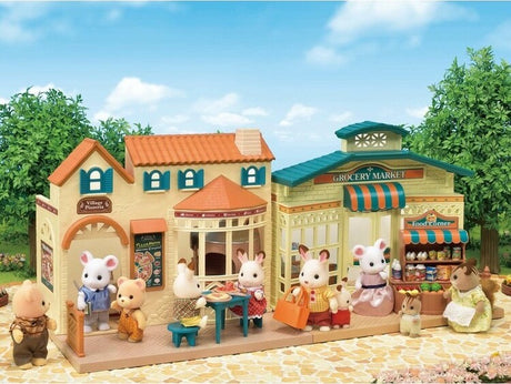 Toy Grocery Market set with various animal characters in front of a grocery market.