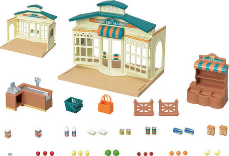 Toy grocery market set with various items on a white background