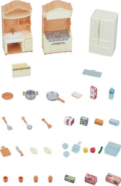 Set of miniature kitchen furniture and accessories on a white background included in the Calico Critters kitchen play set 
