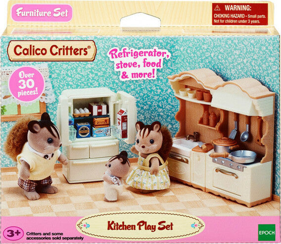 Calico Critters kitchen play set packaging with two critters and a refrigerator.
