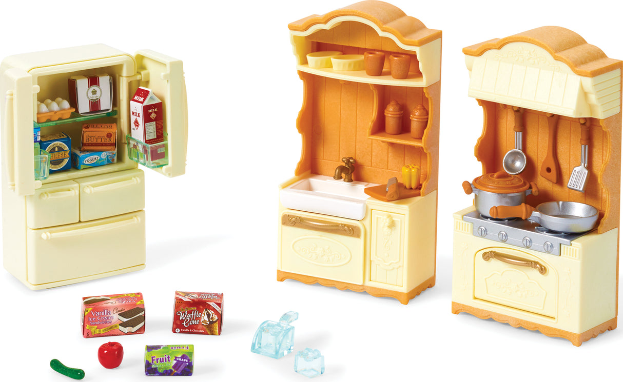 Toy Calico Critters kitchen play set  with refrigerator, sink, and stove on a white background