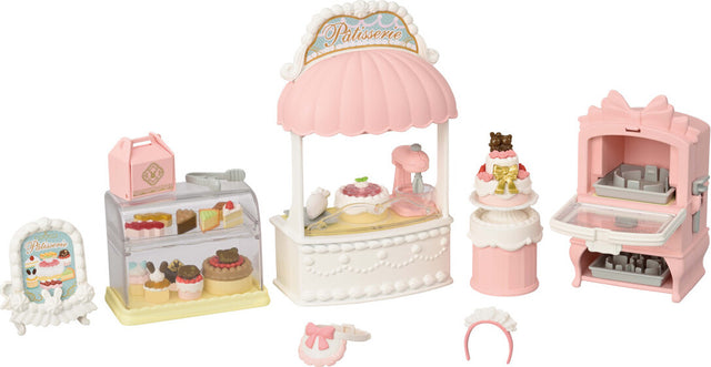 Set of miniature Calico Critters - Village Cake Shop Starter Set  playset with various items on a white background