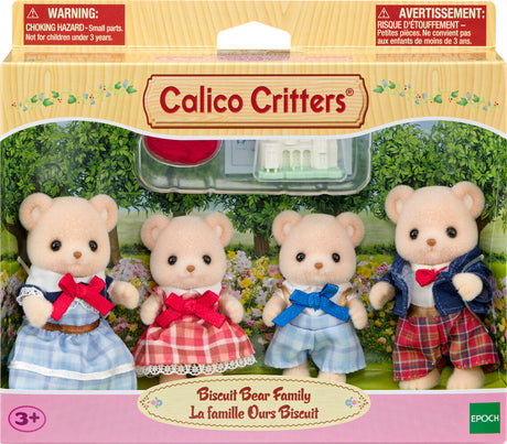 Calico Critters Biscuit Bear Family packaging with four bear toys in a garden setting.