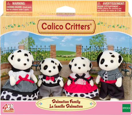 Calico Critters Dalmatian family toy set packaging with four toy dogs in front of a park scene.