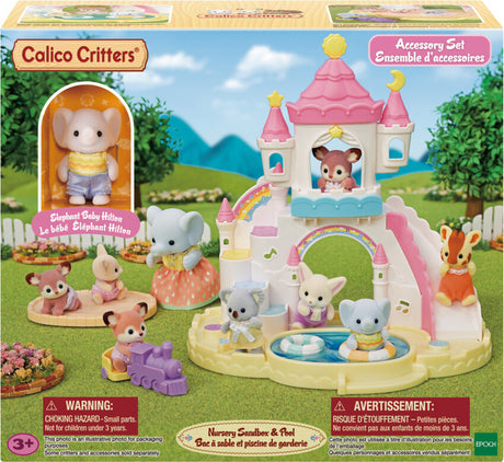 Calico Critters Nursery Sandbox and Pool playset with castle and figures on a grassy background