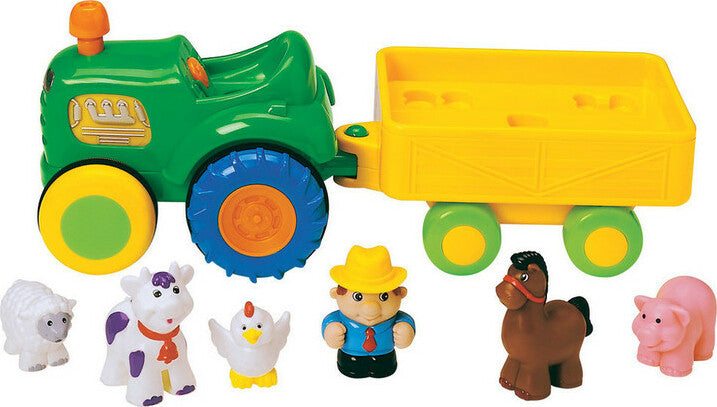 Fun Time Tractor with a yellow trailer and farm animals on a white background