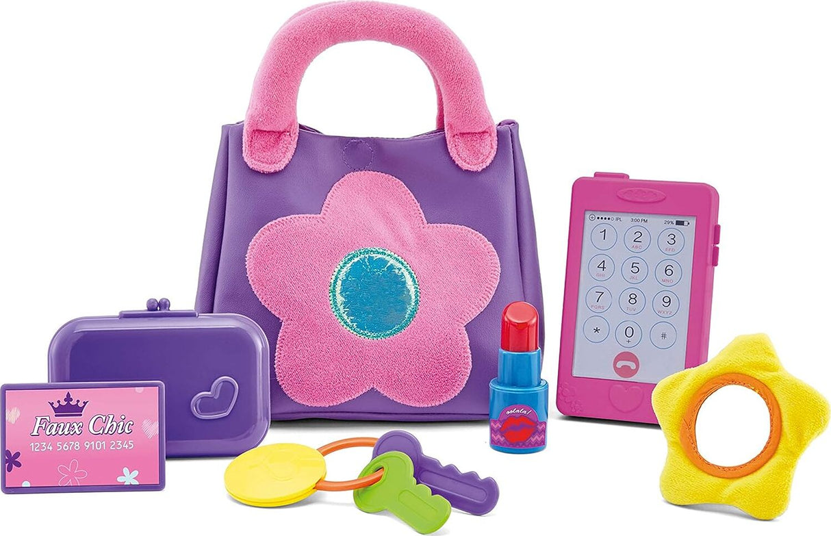 Kidoozie My First Purse with accessories including a phone, lipstick, keys, and a card on a white background