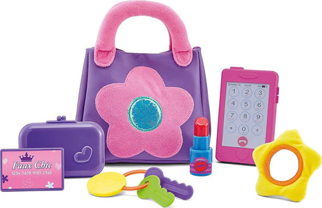 Kidoozie My First Purse with accessories including a phone, lipstick, keys, and a card on a white background