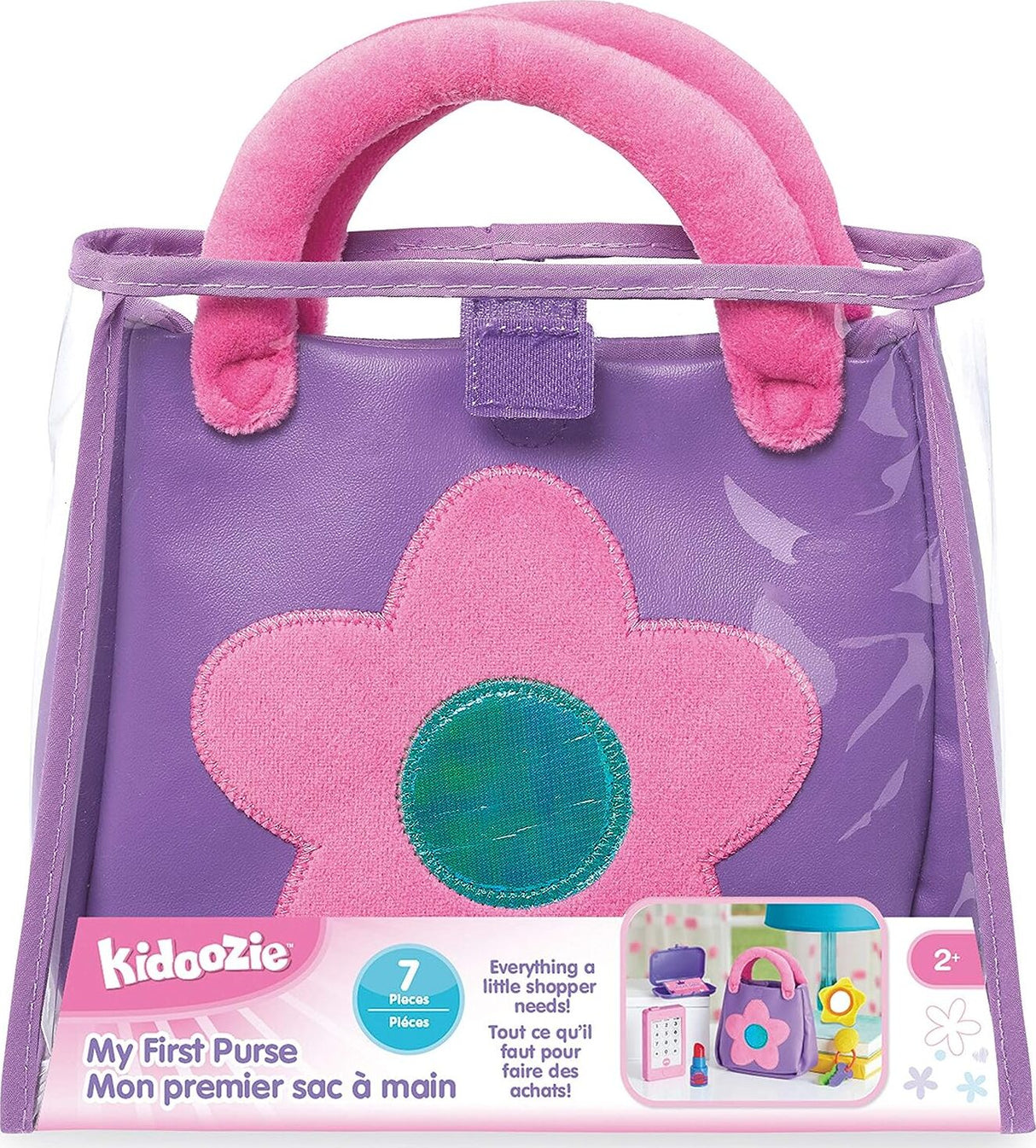 Kidoozie My First Purse with pink flower design and handle, featuring Kidoozie branding.