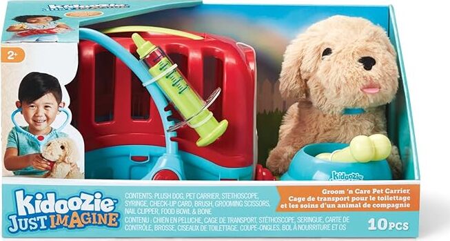 Toy Groom 'n Care Pet Carrier with plush dog and accessories in packaging, featuring Kidoozie branding.