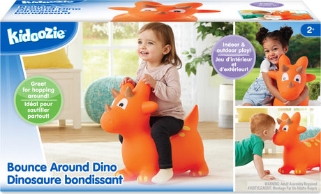 Box of Kidoozie Bounce Around Dino with images of children playing and product details.