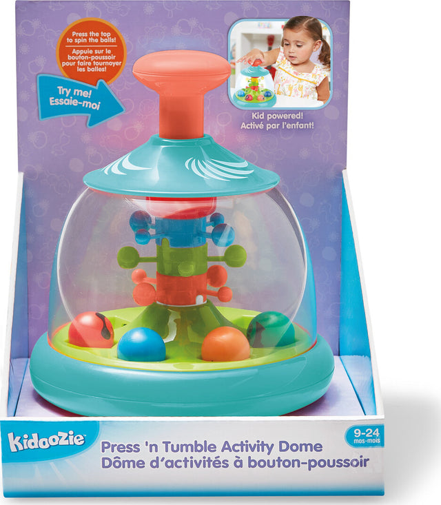 Kidoozie Press 'n Tumble Activity Dome toy packaging with a child playing with the toy.