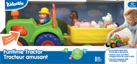 Toy Funtime Tractor set with animals and a child playing with it, featuring Kidoozie branding.