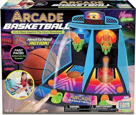 Arcade basketball game set with colorful design and digital display on a box.