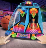 Colorful Arcade Basketball game with two hands interacting on a wooden floor.