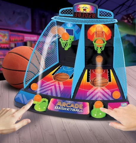 Colorful Arcade Basketball game with two hands interacting on a wooden floor.