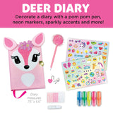 Decorative Deer Diary set with pom pom pen, neon markers, and stickers on a pink background