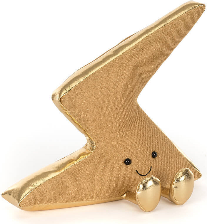 A gold metallic plush Amuseables Zapperty Lightning Bolt toy with a cute embroidered face and small feet, shown on a clean white background.