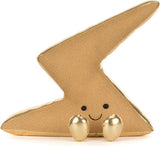 A gold glittery Amuseables Zapperty Lightning Bolt plush toy with a smiling face and small metallic feet, photographed on a clean white background.