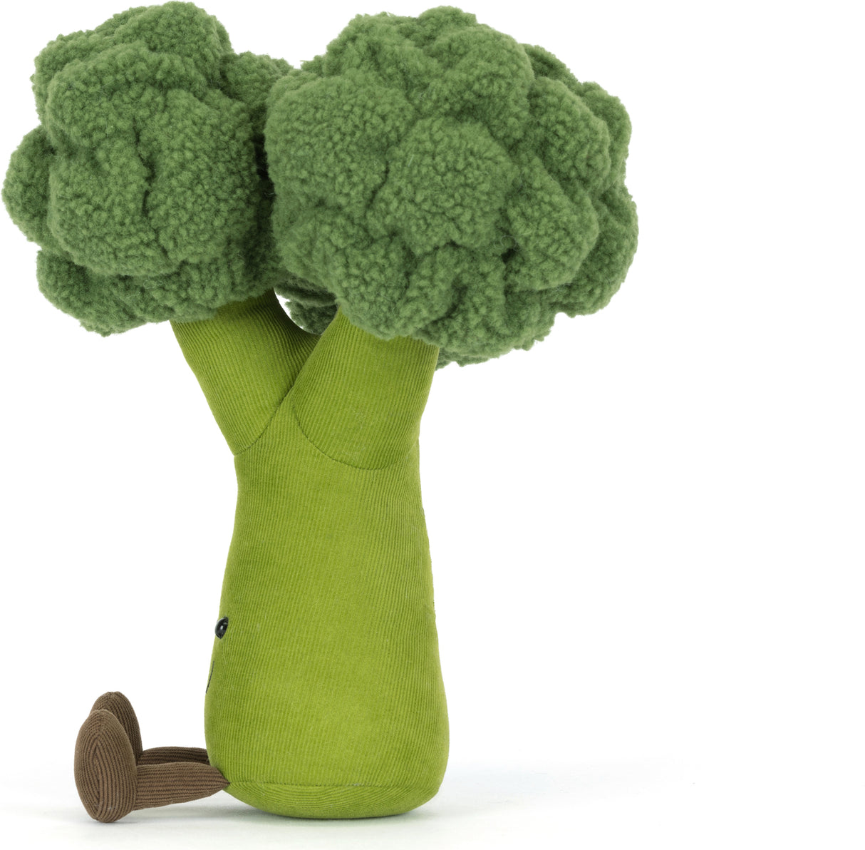 Side view of a plush toy Amuseables Broccoli with a green stem and brown legos on a white background
