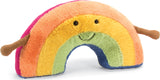 Colorful plush toy Amuseable Rainbow with a happy face on a white background