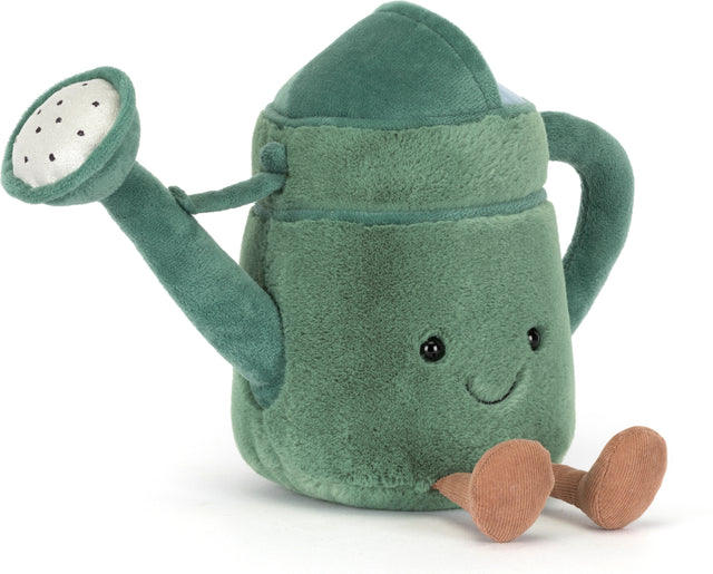 Soft plush watering can toy in shades of green with a smiling face and brown feet, designed as the Amuseables Watering Can for children's imaginative play.