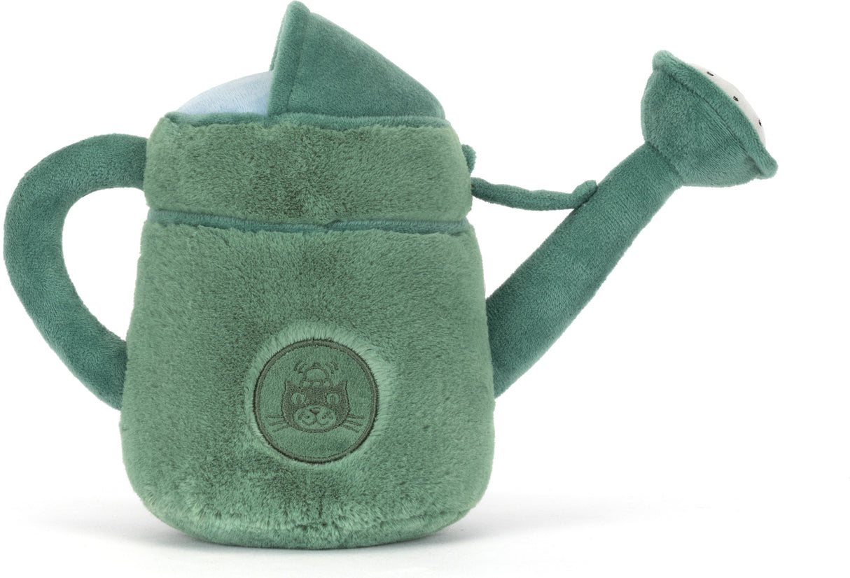 Soft plush green toy shaped like a watering can with a rounded handle and spout, featuring a stitched animal emblem, called Amuseables Watering Can.