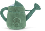 Soft plush green toy shaped like a watering can with a rounded handle and spout, featuring a stitched animal emblem, called Amuseables Watering Can.
