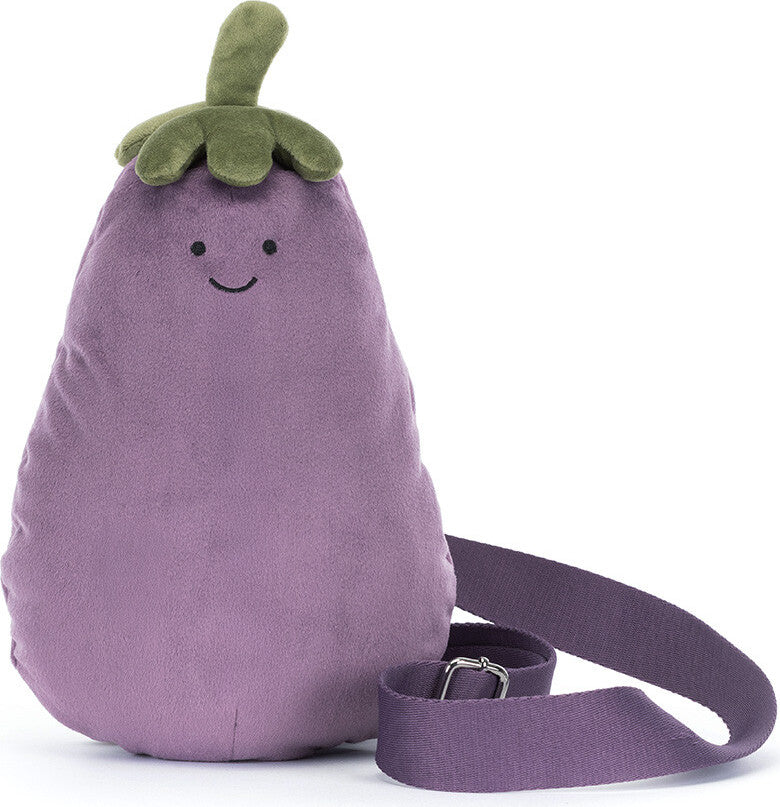 A purple Amuseables Aubergine Bum Bag with a smiling face and a green top, shown on a white background with its matching strap coiled in front.
