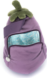 A purple Amuseables Aubergine Bum Bag, with a green plush stem on top and an open front pocket showing a light blue patterned lining.
