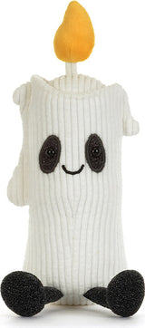 A white ribbed plush Amuseables Flickerty Candle character toy with a yellow flame on top, black embroidered eyes and smile, and black feet, shown on a plain white background.