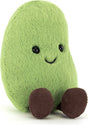 A green plush Amuseables Soyella Edamame Bean toy with a smiling face and brown fabric feet, photographed on a plain white background.