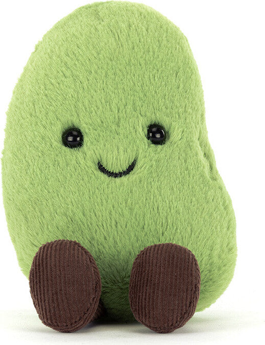 A plush Amuseables Soyella Edamame Bean toy with a soft light green fuzzy body, embroidered black eyes and smile, and brown corduroy feet, shown on a plain white background.