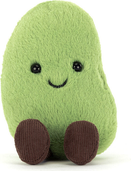 A plush Amuseables Soyella Edamame Bean toy with a soft light green fuzzy body, embroidered black eyes and smile, and brown corduroy feet, shown on a plain white background.