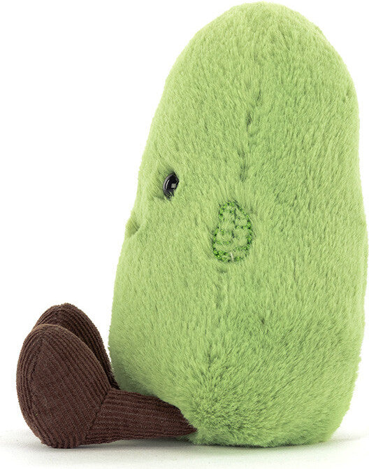 A plush Amuseables Soyella Edamame Bean toy with fuzzy light green fabric, a small black eye, a stitched green leaf nose, and brown corduroy feet, photographed on a clean white background.