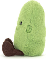 A plush Amuseables Soyella Edamame Bean toy with fuzzy light green fabric, a small black eye, a stitched green leaf nose, and brown corduroy feet, photographed on a clean white background.