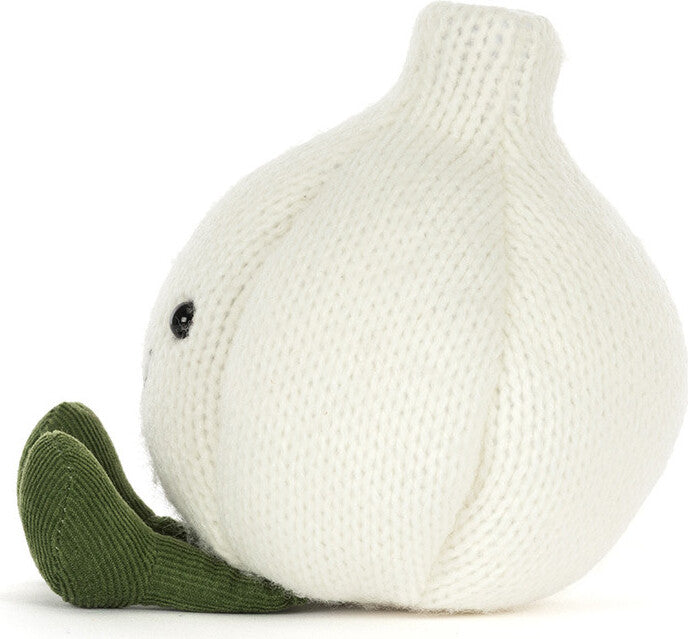 A Amuseables Garlic plush toy in off-white with a small black embroidered eye and an olive green stem, shown on a clean white background.