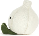 A Amuseables Garlic plush toy in off-white with a small black embroidered eye and an olive green stem, shown on a clean white background.