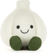 A Amuseables Garlic plush toy in off-white with dark green feet and a simple black embroidered face, shown against a plain white background.
