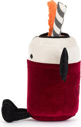 A plush Amuseables Vampop Drink in deep red and cream, featuring a black glittery stem, a black glittery spoon, and an orange-and-white striped candy cane sticking out of the top, set against a plain white background.