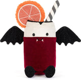 A cute plush toy Amuseables Vampop Drink, featuring a deep red velvet-like body, a white collar, black bat wings, a black-and-white striped straw, and an orange slice garnish on a white background.