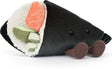 A plush Amuseables Comeroi Temaki shaped like a slice of nigiri sushi, featuring a black fabric exterior, white faux rice, an orange salmon piece, green cucumber pieces, and brown feet, shown on a white background.