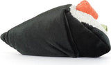 A plush Amuseables Comeroi Temaki shaped like a wrapped sushi roll, featuring a black fabric exterior, white textured rice, and an orange nori topping, set against a plain white background.