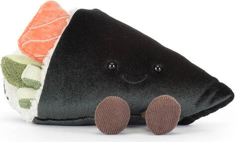 A plush Amuseables Comeroi Temaki toy pillow shaped like a piece of nigiri sushi, featuring a black body, brown feet, a smiling face, and colorful accents of orange, green, and white representing salmon, avocado, and rice.