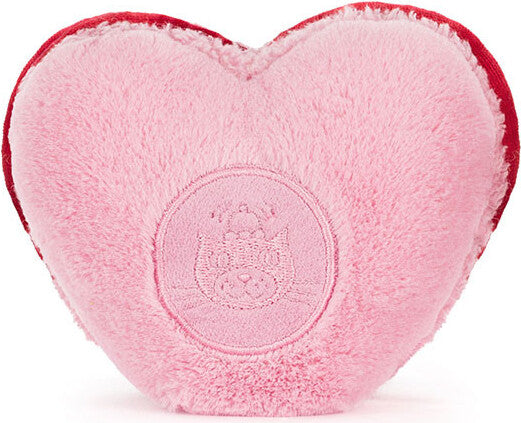 Rear view of a Amuseables Colette Pink Heart Macaron pink plush toy with a brand logo on a white background