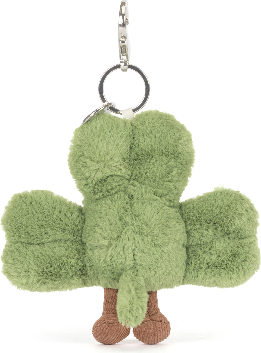 Amuseables Siofra Shamrock Bag Charm featuring a soft, green plush shamrock with brown feet and a silver keyring for easy attachment to bags or keys.